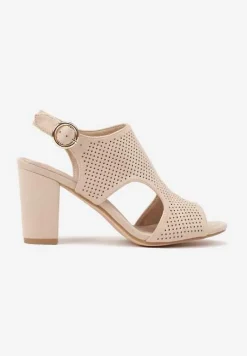 Ciemnobeżowe Sandały Vices na Słupkowym Obcasie z Ażurową Cholewką i Skórzaną Wkładką Obenea