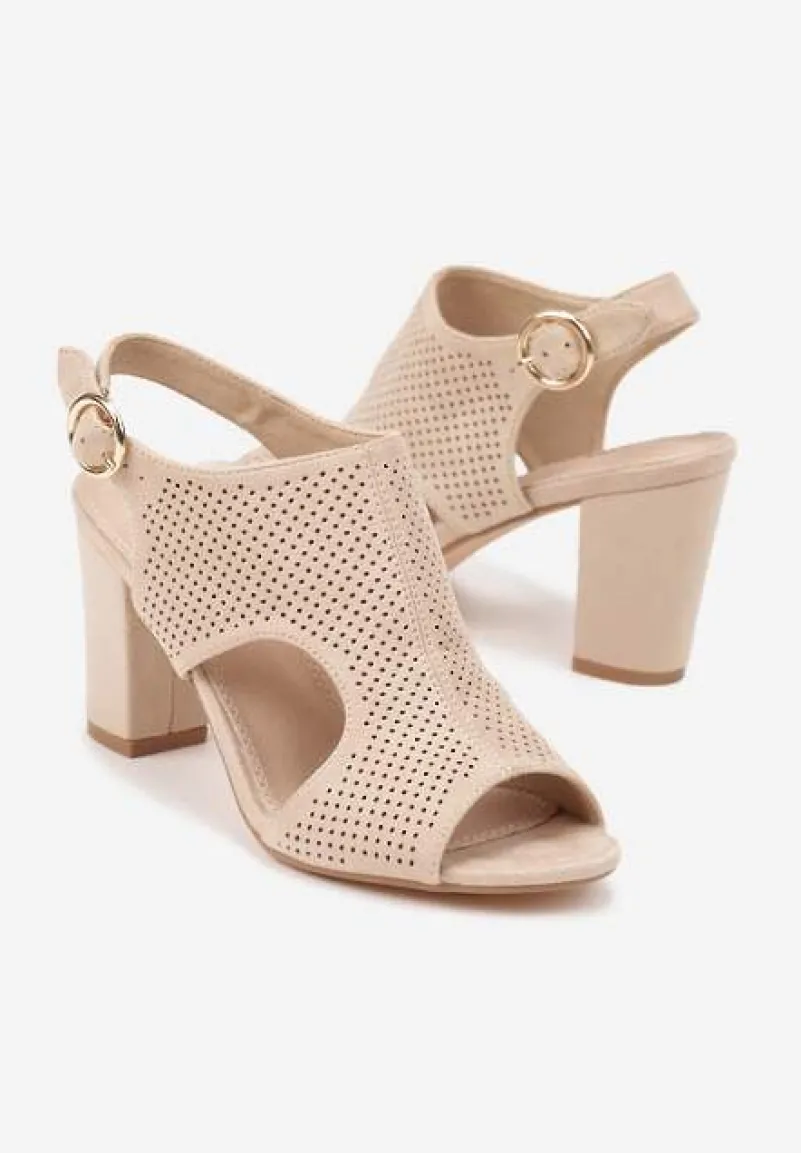 Ciemnobeżowe Sandały Vices na Słupkowym Obcasie z Ażurową Cholewką i Skórzaną Wkładką Obenea