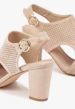 Ciemnobeżowe Sandały Vices na Słupkowym Obcasie z Ażurową Cholewką i Skórzaną Wkładką Obenea