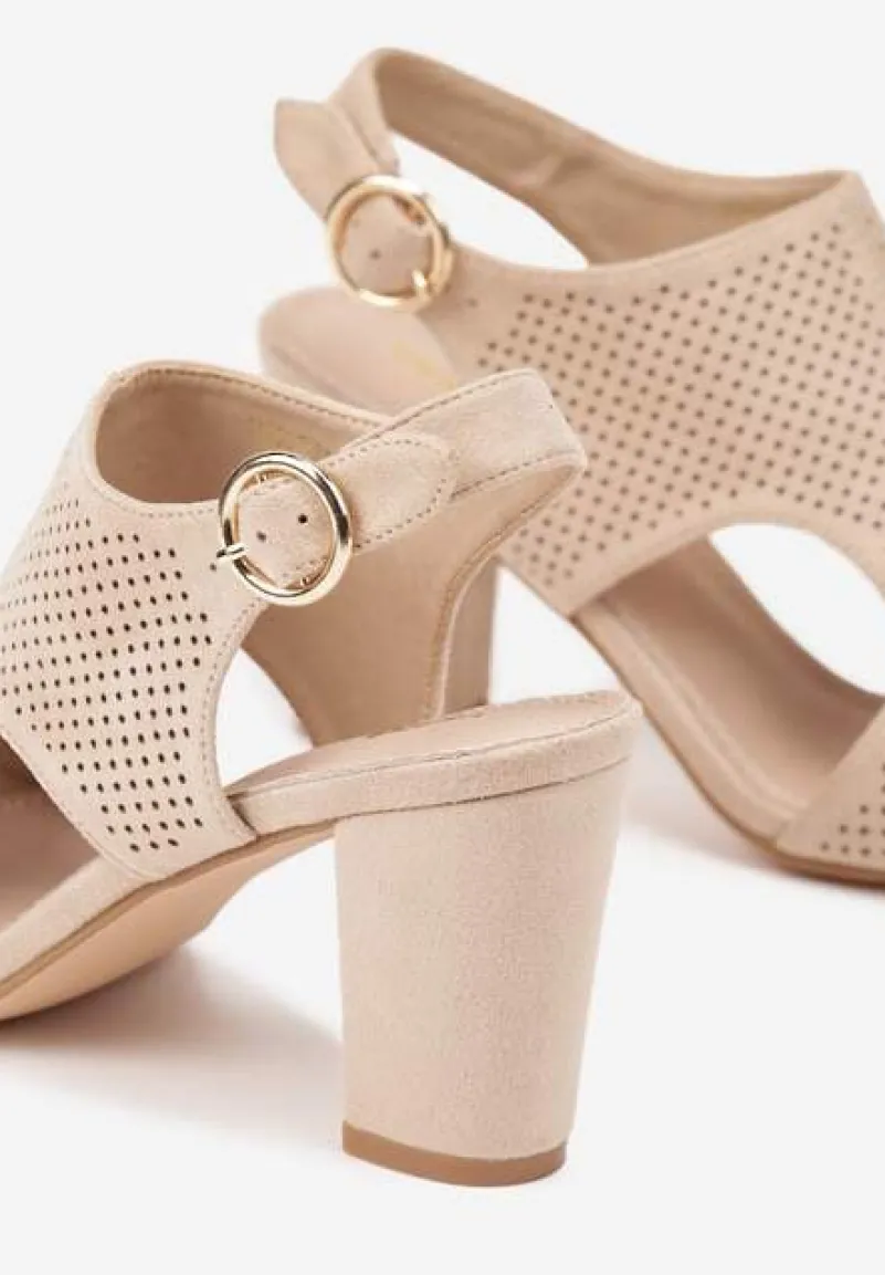 Ciemnobeżowe Sandały Vices na Słupkowym Obcasie z Ażurową Cholewką i Skórzaną Wkładką Obenea