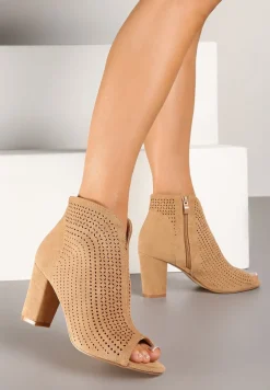 Ciemnobeżowe Sandały Vices na Obcasie z Ażurowymi Wycięciami i Otwartym Noskiem Tasiri