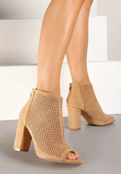 Ciemnobeżowe Sandały Vices na Słupku z Ażurową Cholewką i Odkrytymi Noskami Uliri