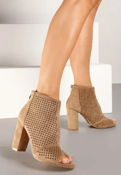 Ciemnobeżowe Sandały Vices na Słupku z Ażurową Cholewką Felilina