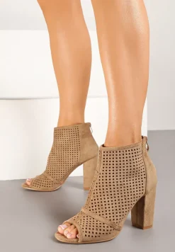 Ciemnobeżowe Sandały Vices na Słupku z Ażurową Cholewką Felilina