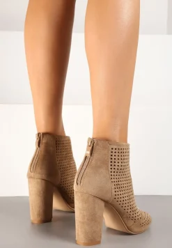 Ciemnobeżowe Sandały Vices na Słupku z Ażurową Cholewką Felilina