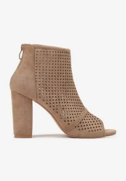 Ciemnobeżowe Sandały Vices na Słupku z Ażurową Cholewką Felilina