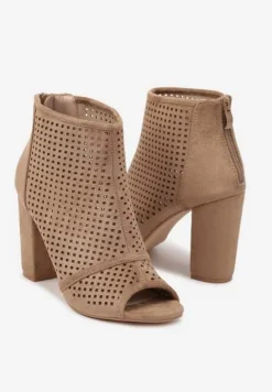 Ciemnobeżowe Sandały Vices na Słupku z Ażurową Cholewką Felilina