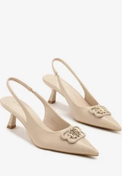 Ciemnobeżowe Sandały Vices na Kaczuszce Typu Slingback Ozdobione Metaliczną Aplikacją Lilarunea