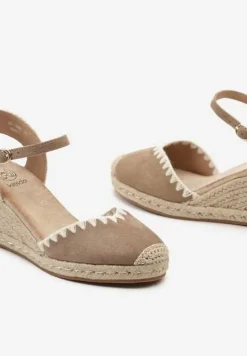 Ciemnobeżowe Sandały w Stylu Espadryli z Plecionką na Koturnie Tiimada