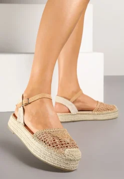 Ciemnobeżowe Sandały w Stylu Espadryli z Plecioną Platformą i Cholewką Elisova