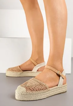 Ciemnobeżowe Sandały w Stylu Espadryli z Plecioną Platformą i Cholewką Elisova