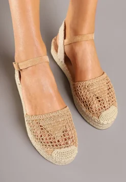 Ciemnobeżowe Sandały w Stylu Espadryli z Plecioną Platformą i Cholewką Elisova