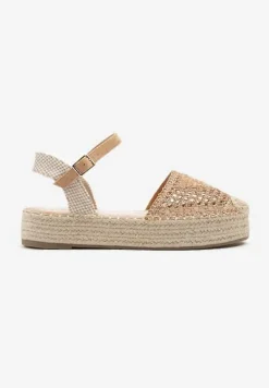 Ciemnobeżowe Sandały w Stylu Espadryli z Plecioną Platformą i Cholewką Elisova