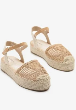 Ciemnobeżowe Sandały w Stylu Espadryli z Plecioną Platformą i Cholewką Elisova