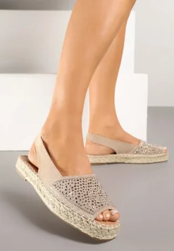 Ciemnobeżowe Sandały w Stylu Espadryli z Cyrkoniami na Podeszwie z Plecionki Neorwena