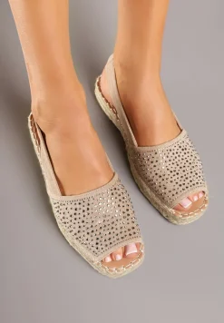 Ciemnobeżowe Sandały w Stylu Espadryli z Cyrkoniami na Podeszwie z Plecionki Neorwena