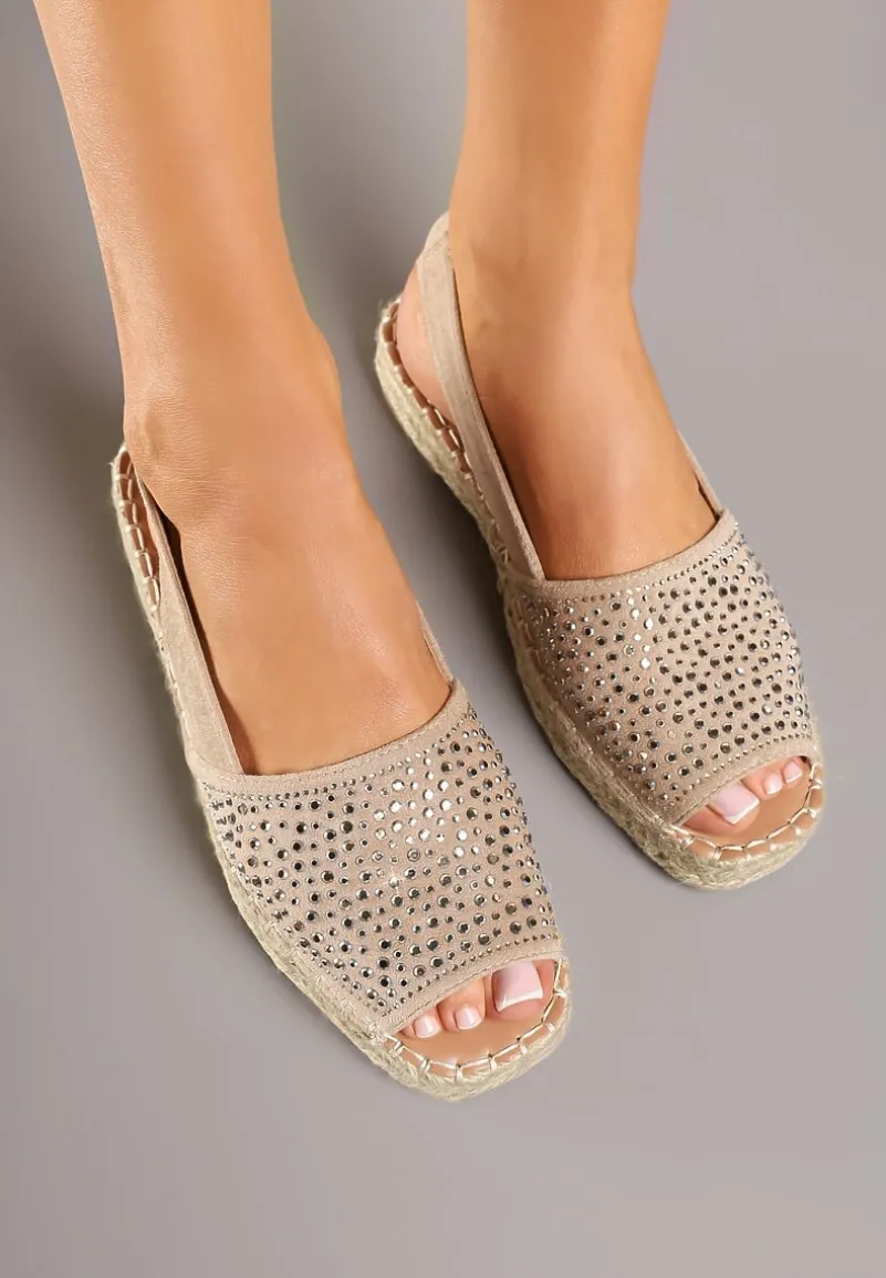 Ciemnobeżowe Sandały w Stylu Espadryli z Cyrkoniami na Podeszwie z Plecionki Neorwena