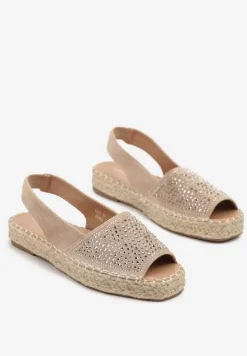 Ciemnobeżowe Sandały w Stylu Espadryli z Cyrkoniami na Podeszwie z Plecionki Neorwena