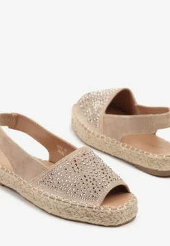 Ciemnobeżowe Sandały w Stylu Espadryli z Cyrkoniami na Podeszwie z Plecionki Neorwena