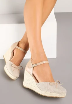 Ciemnobeżowe Sandały z Plecionką na Koturnie w Stylu Espadryli z Kokardką Zilara