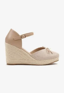 Ciemnobeżowe Sandały z Plecionką na Koturnie w Stylu Espadryli z Kokardką Zilara