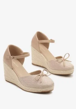 Ciemnobeżowe Sandały z Plecionką na Koturnie w Stylu Espadryli z Kokardką Zilara