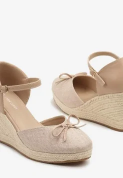 Ciemnobeżowe Sandały z Plecionką na Koturnie w Stylu Espadryli z Kokardką Zilara