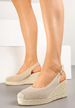 Ciemnobeżowe Sandały z Siateczkową Cholewką na Plecionym Koturnie Vonevia