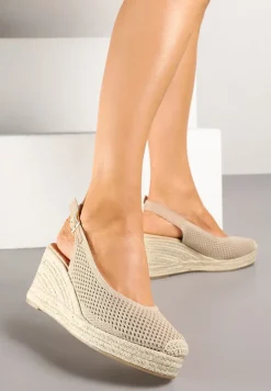 Ciemnobeżowe Sandały z Siateczkową Cholewką na Plecionym Koturnie Vonevia