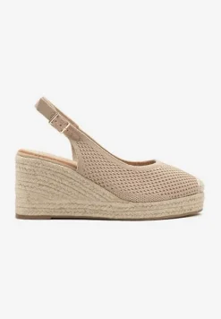 Ciemnobeżowe Sandały z Siateczkową Cholewką na Plecionym Koturnie Vonevia