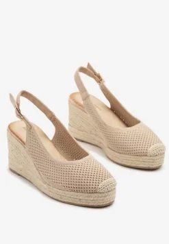 Ciemnobeżowe Sandały z Siateczkową Cholewką na Plecionym Koturnie Vonevia