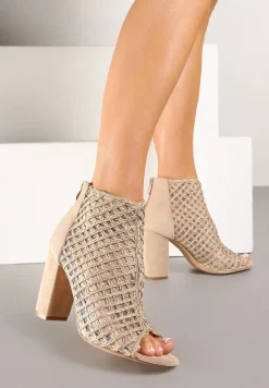 Ciemnobeżowe Siateczkowe Botki Vices na Słupku Sovhira