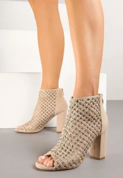 Ciemnobeżowe Siateczkowe Botki Vices na Słupku Sovhira