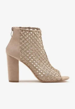 Ciemnobeżowe Siateczkowe Botki Vices na Słupku Sovhira