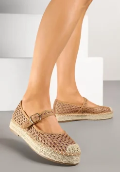 Ciemnobeżowe Siateczkowe Espadryle na Podeszwie z Juty Zapinane na Sprzączkę Geniffia