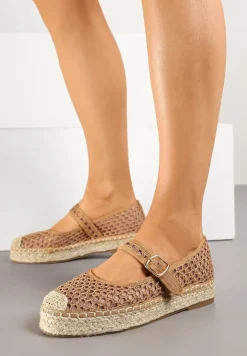 Ciemnobeżowe Siateczkowe Espadryle na Podeszwie z Juty Zapinane na Sprzączkę Geniffia
