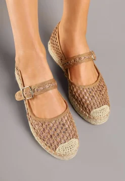 Ciemnobeżowe Siateczkowe Espadryle na Podeszwie z Juty Zapinane na Sprzączkę Geniffia