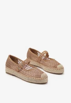 Ciemnobeżowe Siateczkowe Espadryle na Podeszwie z Juty Zapinane na Sprzączkę Geniffia
