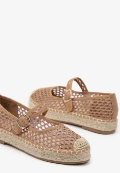 Ciemnobeżowe Siateczkowe Espadryle na Podeszwie z Juty Zapinane na Sprzączkę Geniffia