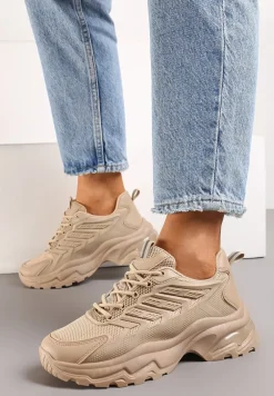 Ciemnobeżowe Sneakersy na Tłoczonej Podeszwie z Siateczkowymi Wstawkami Amrogia