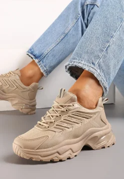 Ciemnobeżowe Sneakersy na Tłoczonej Podeszwie z Siateczkowymi Wstawkami Amrogia