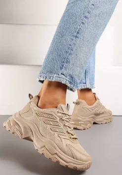 Ciemnobeżowe Sneakersy na Tłoczonej Podeszwie z Siateczkowymi Wstawkami Amrogia