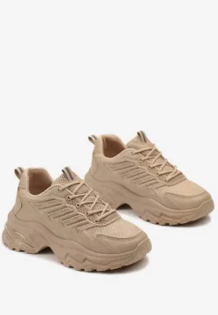 Ciemnobeżowe Sneakersy na Tłoczonej Podeszwie z Siateczkowymi Wstawkami Amrogia