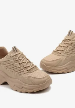 Ciemnobeżowe Sneakersy na Tłoczonej Podeszwie z Siateczkowymi Wstawkami Amrogia