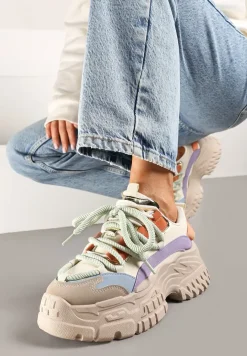 Ciemnobeżowe Sneakersy na Koturnie ze Żłobieniami z Podwójnymi Sznurówkami Avalea