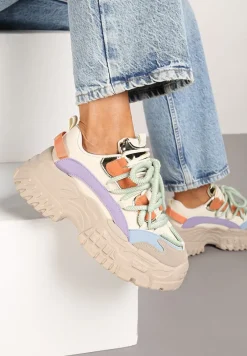 Ciemnobeżowe Sneakersy na Koturnie ze Żłobieniami z Podwójnymi Sznurówkami Avalea