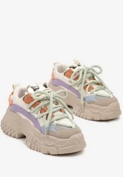 Ciemnobeżowe Sneakersy na Koturnie ze Żłobieniami z Podwójnymi Sznurówkami Avalea