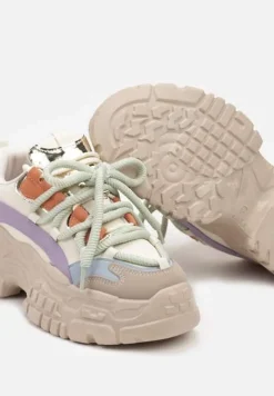 Ciemnobeżowe Sneakersy na Koturnie ze Żłobieniami z Podwójnymi Sznurówkami Avalea