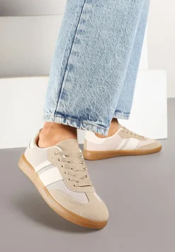 Ciemnobeżowe Sneakersy na Kauczukowej Podeszwie Ozdobione Paskami Emidi