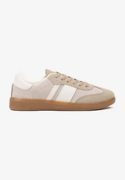 Ciemnobeżowe Sneakersy na Kauczukowej Podeszwie Ozdobione Paskami Emidi